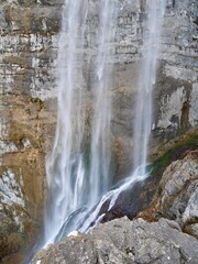 Waterfall at Mundo source in natural park los Calares del Mundo and la Sima, near Riopar. Castile La Mancha, Spain.