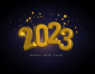 Happy New Year 2023. Festive vector illustration of 2023 golden metallic numbers and sparkling sparkles. Realistic 3d sign.