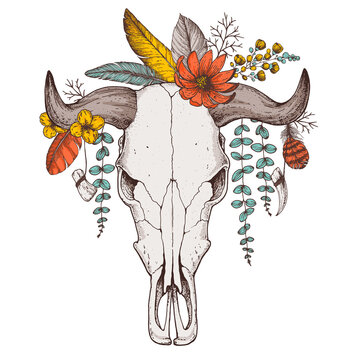 Buffalo Skull and flowers hand drawn illustration. Wild west print. Vector illustration. Tattoo vintage print. Buffalo Skull and floral bouquet. T-shirt design.