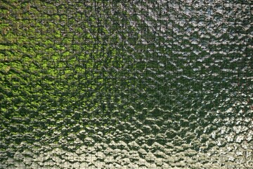 Glasfläche mit Muster vor grüner Wiese 