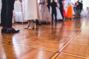 Couples dance on the historical costumed ball in historical dresses, classical ballroom dancers...