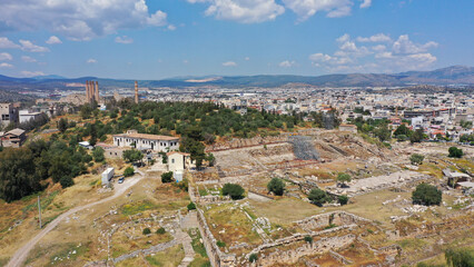 Fototapeta na wymiar Aerial drone photo of iconic archaeological site and Sanctuary of Ancient Elefsina mainly known for the Great Mysteries - the Eleusinian Mysteries, Attica, Greece