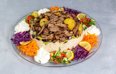 Middle Eastern food culture, Turkish cuisine; type of pilaf, pilaf with meat and vegetables, Turkish name; Maklube