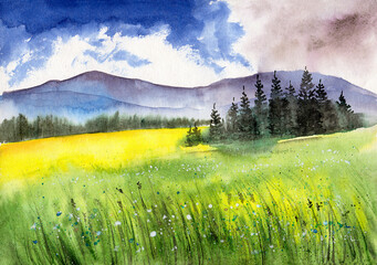 Watercolor illustration of a landscape with a grassy yellow-green field, distant mountains and a small grove of coniferous trees