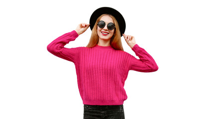 Portrait of happy smiling young woman model wearing pink knitted sweater and black round hat...
