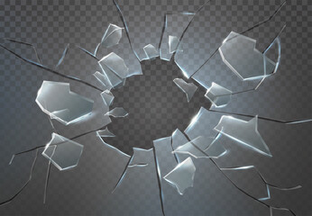 3d realistic vector icon. Broken glass, cracked hole with broken pieces with flying around cracks. Isolated on transparent background.