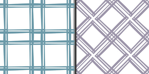 Checkered geometric grid seamless patterns set of 2. Hand drawn doodle paint brush line, monochrome blue lilac color check templates. White easy editable color background. Vector