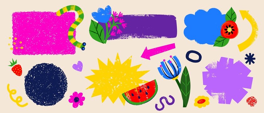 Set of design elements, frames, speech bubbles, arrows, flowers. Summer colorful forms, watermelon, strawberry. Grunge, doodle, paper cut style textures.