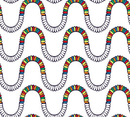 Fun rainbow waves seamless pattern, hand drawn boho ornamental art, doodle paint brush cartoon childish style, carnival multi-colored bright palette. White color background