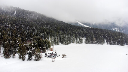 Golcuk - Bolu - Turkey, winter snow during snowfall. Travel concept photo.