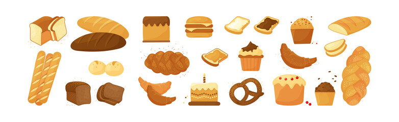 Bread vector icon, bakery products, pastry set. Cartoon food illustration