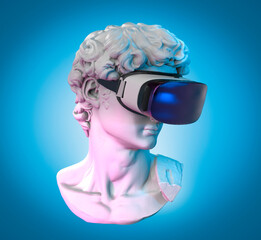 David sculpted by Michelangelo using virtual reality glasses, vr, blue background. 3D rendering