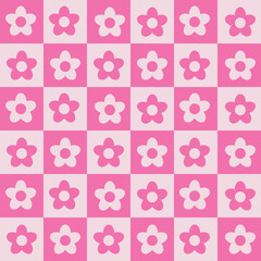 Cute pink and white  flowers on checkered squares seamless pattern. For wrapping paper, stationary and textile 