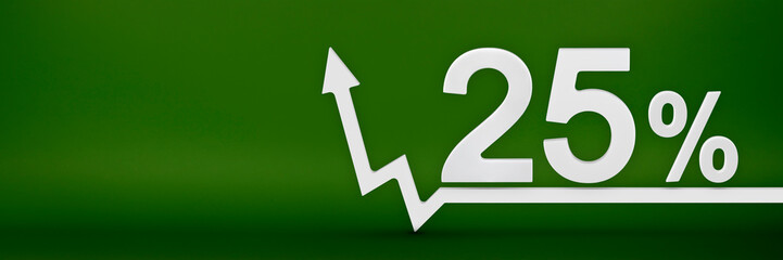 25 percent. The arrow on the graph points up. Rising prices, inflation, increase in income, increase in interest rates, taxes. 3d banner, twenty five percent sign discount on a green background. - obrazy, fototapety, plakaty