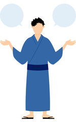 男性の浴衣姿、手を広げて話す、吹き出し付き