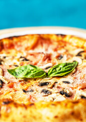 Hot tasty traditional pizza with ham and mushrooms.