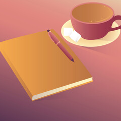 Notepad for notes with a pen and a fragrant cup of coffee with two sugar cubes, Working atmosphere on the table