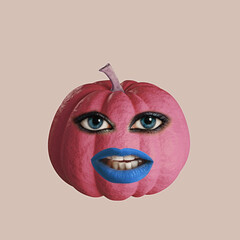 Art collage of beauty and cosmetology improvement. Close-up of pumpkin mouth eye. Collage of modern art paintings. Trendy millennial mouth and huge eyes on a pink pumpkin. Fashion color.
