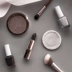 Beauty, make-up and cosmetics flatlay design with copyspace, cosmetic products and makeup tools on...