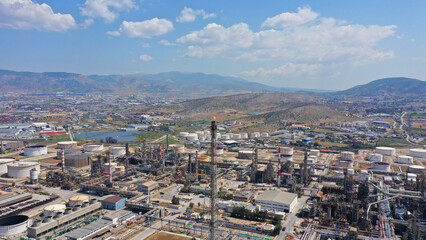 Fototapeta premium Aerial drone photo of industrial oil refinery of Aspropirgos, Attica, Greece