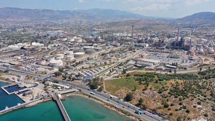 Obraz premium Aerial drone photo of industrial oil refinery of Aspropirgos, Attica, Greece