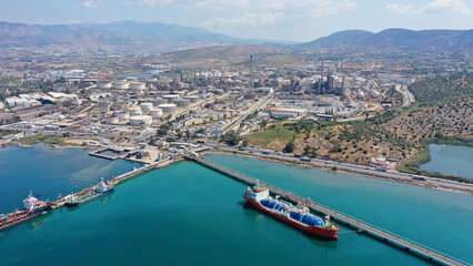 Aerial drone photo of industrial oil refinery of Aspropirgos, Attica, Greece
