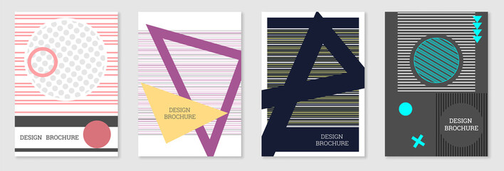 Set of cover design in Memphis style. Geometric design, abstract background. Fashionable bright cover, banner, poster, booklet. Creative colors.