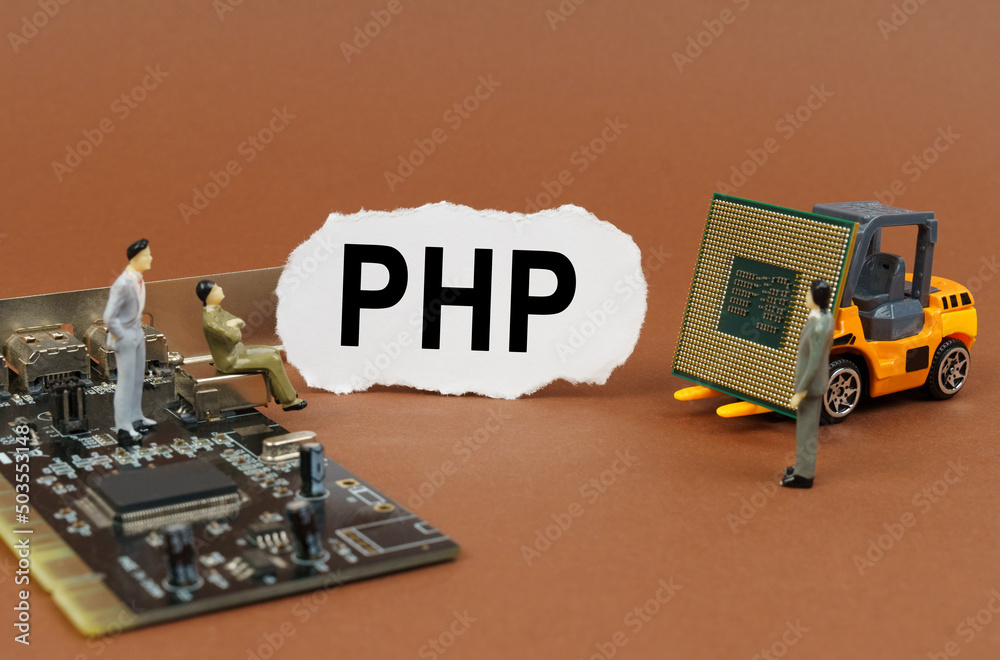 Poster on a brown background, a loader, a processor, a microcircuit, figures of people and paper with the i