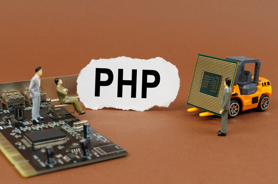 On a brown background, a loader, a processor, a microcircuit, figures of people and paper with the inscription - PHP