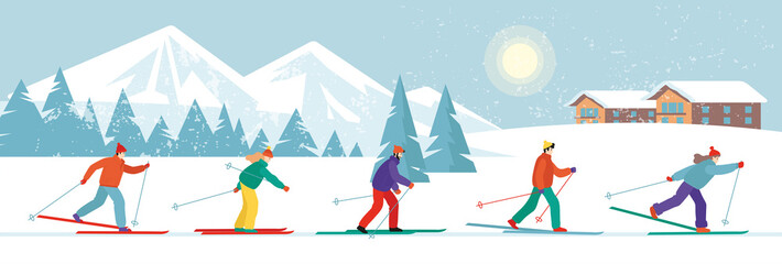 Group of cross-country skiers traveling through winter landscape with mountains  in winter sunny day. Flat cartoon vector illustration. Cute characters. 