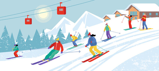 Group of cartoon people skiing downhill. Skiers in mountains. Sunny winter landscape. Flat vector illustration. Cute characters. 