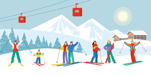 A group of cartoon skiers standing on the mountain in the ski resort. Sunny winter landscape. Flat vector illustration. Cute characters. 