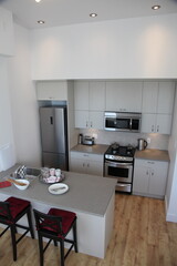 Appartement kitchen in a modern loft with stainless fridge and oven and microwave