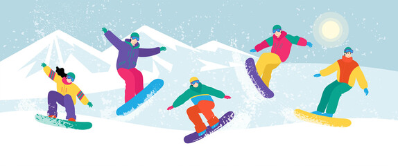 Group of cartoon people jumping from the hill with snowboard. Sunny landscape with mountains and blue sky. Flat vector illustration. Cute characters. 