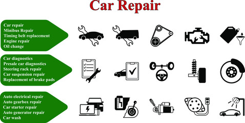 Icon set of various car repair works in black color on a white background, collection for car service station, auto mechanic services, logo, websites