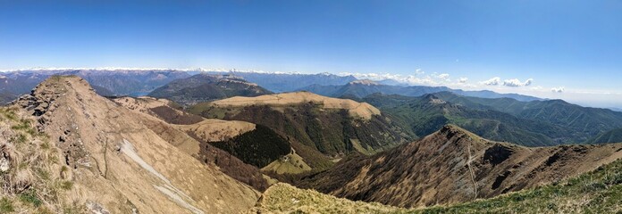 Panorama on Monte Generoso Calvagione. Beautiful landscape in Ticino in spring time. Lake Lugano. Hiking and biking