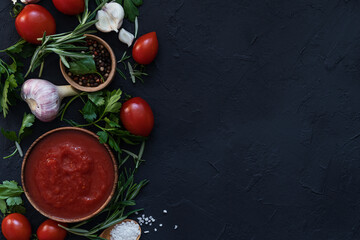 Vegan food. Ingredients for making tomato sauce