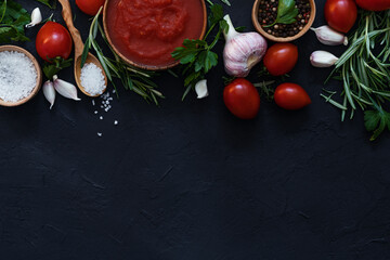Vegan food. Ingredients for making tomato sauce