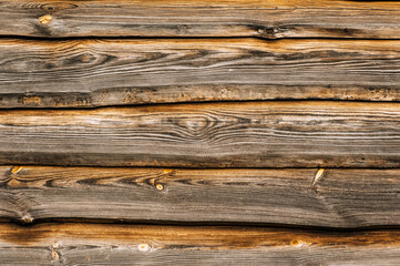 Background, texture of brown wood, logs and cracked boards.