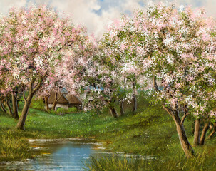 Oil paintings rural landscape, fine art, blooming trees, blossom in spring