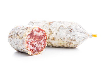 Traditional sausage with white mold. Dried pork salami isolated on white background.