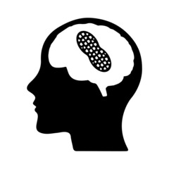 Peanut brain icon. Vector illustration of head with small peanut inside. Stupid or foolish person symbol isolated on white background. Dumb ass. Small, tiny brain. - obrazy, fototapety, plakaty