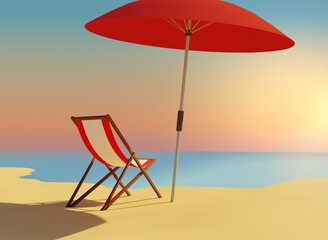 Sunny beach with red/white striped beach chair and red beach umbrella 3d render landscape horizontal graphic 