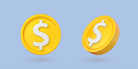 3D cartoon gold coin icons. Coins with dollar sign. Vector 3d  illustration