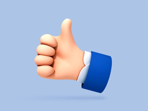 3D cartoon thumb up hand gesture isolated on blue background. Hand thumb up or like sign. Vector 3d illustration