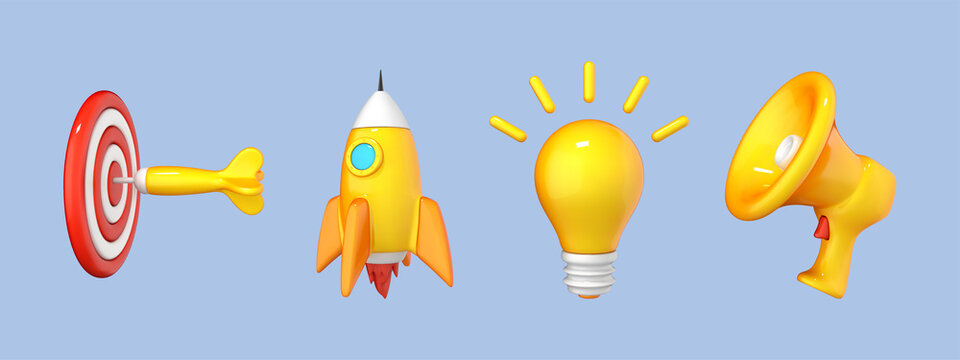 3D cartoon icon set isolated on blue background. Light bulb, megaphone, rocket, dart target. Vector 3d illustration