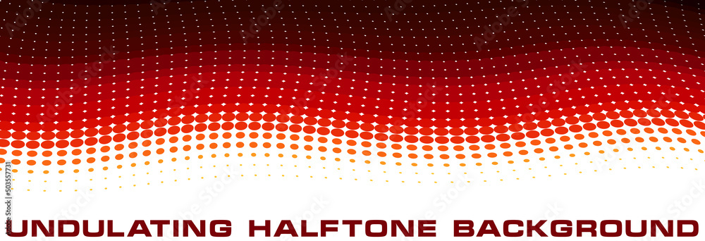Poster Undulating red halftone background with dots. Wide pattern