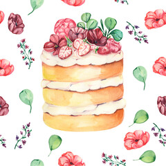 Watercolour Cake Illustration. Watercolor cake with cream and flowers. Watercolour food illustration. Watercolor pastry pattern. Lovely and romantic print with confectionery, flowers and leaves.