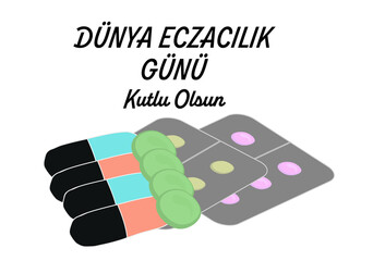 14 Mayis Dunya Eczacilik Gunu Kutlu Olsun vector illustration. Tranlation: 14 may Happy Pharmacy Day design isolated on white background. Design for social media posts, website banners, posters