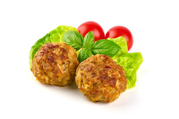 Baked meatballs, isolated on white background.